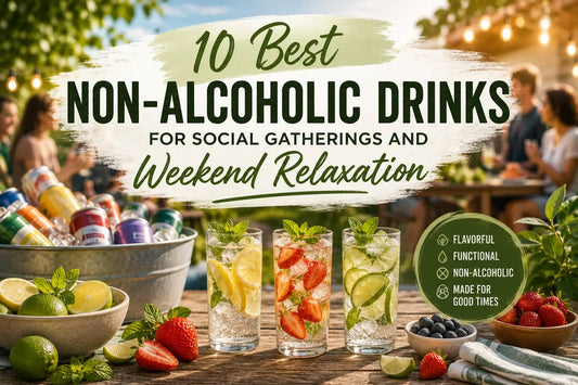 Friends enjoying a backyard gathering with a variety of non-alcoholic drinks, including sparkling beverages, fruit-infused refreshments, and functional drink alternatives for weekend relaxation and social events.
