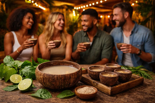 Friends enjoying a social gathering with kava drinks at an outdoor table, highlighting kava as a relaxed, alcohol-free alternative for connection and mindful socializing