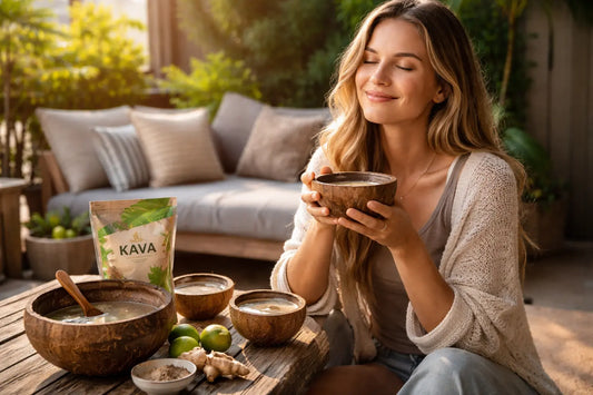 Non-alcoholic kava drink ritual with coconut bowls, fresh kava root, and citrus, showing a natural alternative to alcohol for relaxation and balance.