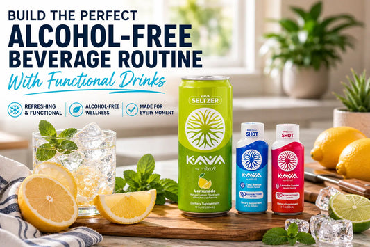 Kava by Mitra9 Lemonade Kava Seltzer with Cool Breeze and Lavender Sunrise Kava Shots displayed in a modern kitchen, illustrating an alcohol-free beverage routine using functional drinks for relaxation.