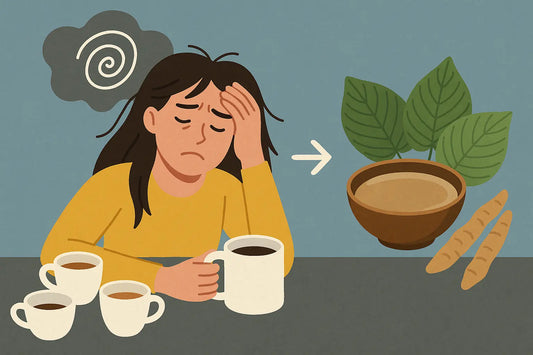 Tired woman overwhelmed by coffee turning to calming kava as a caffeine alternative.