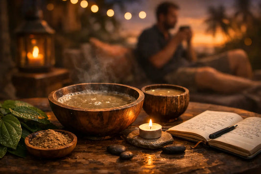 Warm evening scene with traditional kava drink served in wooden bowls, natural kava powder and leaves on a rustic table, candlelight and journal creating a calm, relaxing atmosphere.