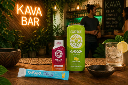 Kava bar scene featuring Mitra9 Lemonade Kava Seltzer, Lavender Sunrise Kava Shot, and Island Punch Kava Drink Mix displayed on a wooden table with tropical décor, social atmosphere, and alcohol-free functional beverages.