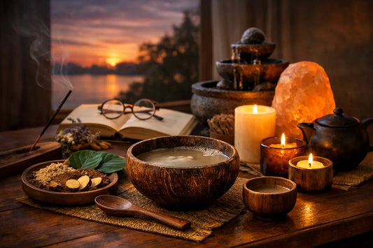 Evening wind-down ritual with kava drink, candles, natural ingredients, and warm ambient lighting, illustrating calm, alcohol-free relaxation and mindful nighttime routines
