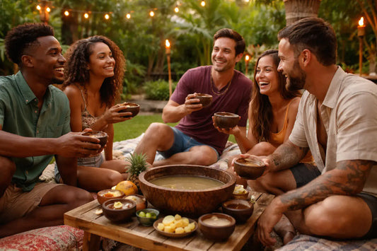 Group of friends gathered outdoors at sunset sharing traditional kava from wooden bowls around a low table, warm string lights overhead, relaxed backyard social ritual atmosphere.