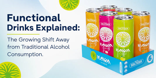 Functional beverages and kava seltzers variety pack displayed as an alcohol-free alternative drink option, highlighting the growing consumer shift away from traditional alcohol consumption toward functional drinks for relaxation