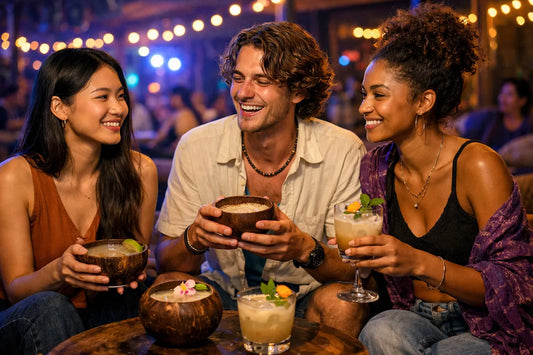 Three young adults enjoying Kava drinks at a dimly lit Kava bar, holding coconut bowls and botanical cocktails in a relaxed alcohol-free social setting.