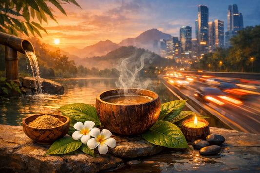Steaming bowl of kava with green leaves by flowing water at sunset, symbolizing calm and relaxation in a fast-paced world