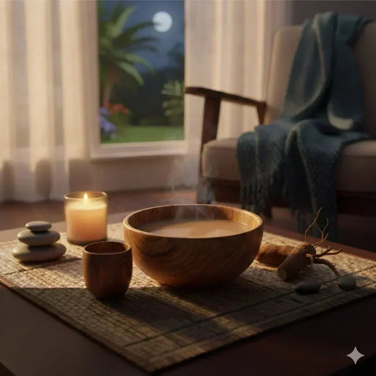 Calming nighttime kava ritual with a wooden bowl of kava drink, candle, and cozy evening setting designed for relaxation and balance