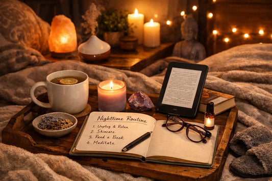 Cozy nighttime wind-down routine with tea, candles, journal, and reading materials on a tray, illustrating a calm, alcohol-free evening ritual focused on relaxation and presence