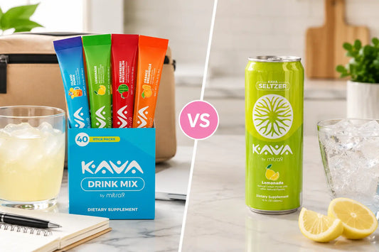 Kava by Mitra9 drink mix packets and ready-to-drink Kava seltzers displayed side by side on a countertop, comparing portable drink mixes with convenient canned Kava beverages.