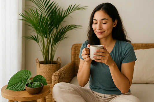 A relaxed woman enjoying a warm kava drink at home, sitting next to a wooden table with fresh kava leaves, showcasing a calm wellness lifestyle with natural elements.