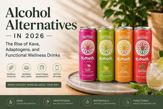 Alcohol alternatives in 2026 featuring Kava by Mitra9 Seltzers in Paradise Lychee, Lemonade, Orange Dreamsicle, and Strawberry Watermelon flavors, highlighting functional wellness drinks, adaptogens, and modern alcohol-free beverage options.