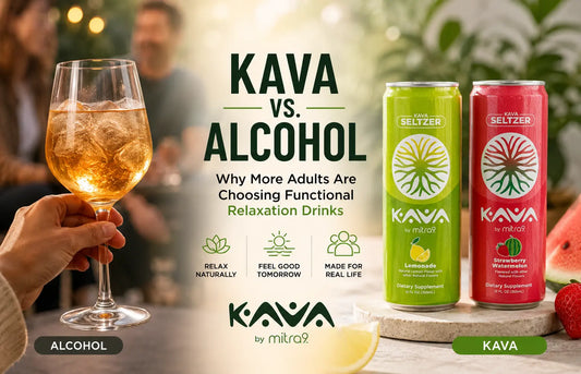 Kava vs alcohol comparison featuring Mitra9 Kava Seltzer cans in Lemonade and Strawberry Watermelon flavors, highlighting functional relaxation drinks as a non-alcoholic alternative for social occasions.