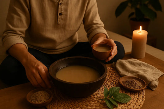 Traditional kava preparation ritual with wooden bowl, ground kava root, candlelight, and calm wellness setting – Mitra9 functional drink inspiration