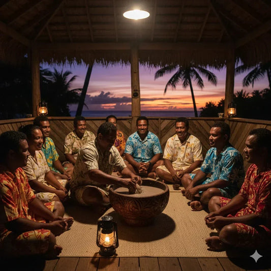 Traditional kava ceremony with a group of people sitting in a circle preparing and sharing kava at sunset, highlighting the cultural roots and social rituals of drinking kava