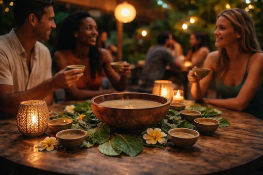 Friends sharing a calm evening ritual with kava, seated outdoors with warm lighting and small bowls, illustrating a social, alcohol-free alternative to traditional happy hour