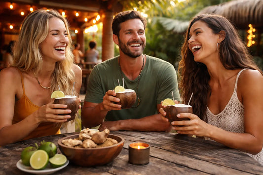 Three friends laughing together at an outdoor table while drinking traditional kava from coconut cups with lime garnish, illustrating a relaxed social moment and calm, alcohol-free gathering.