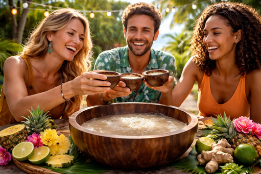 Group of friends enjoying a calming kava drink ritual outdoors, representing a relaxed evening routine and a natural drink that helps you unplug without putting you to sleep