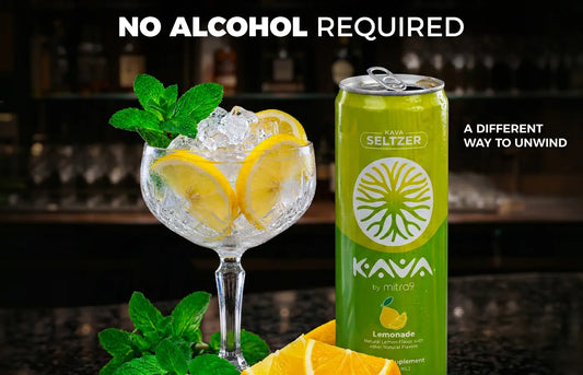 Kava by Mitra9 Lemonade Kava Seltzer can next to a lemon and mint mocktail on a bar counter with text “No Alcohol Required,” showcasing a non-alcoholic alternative drink for relaxation and alcohol-free unwinding.