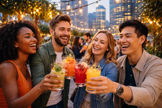 Friends toasting colorful non-alcoholic cocktails at an outdoor evening gathering with city skyline and string lights, representing modern alcohol-free social drinking and alternative social drinks for adults.