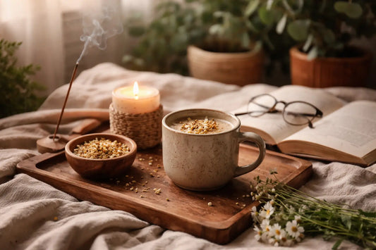 Cozy evening scene with a warm botanical calm beverage, candlelight, and chamomile flowers representing the alcohol alternative lifestyle.