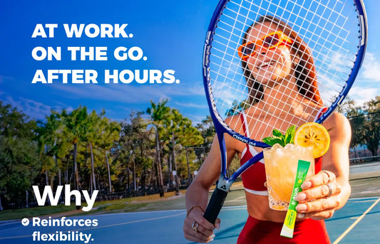 Woman on a tennis court holding a Lemonade Kava drink with a Mitra9 Kava Drink Mix stick pack, promoting a non-alcoholic functional beverage for flexibility at work, on the go, and after hours.