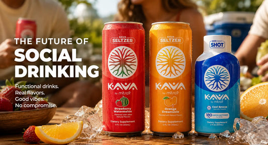 Kava by Mitra9 functional beverages featuring Strawberry Watermelon Kava Seltzer, Orange Dreamsicle Kava Seltzer, and Cool Breeze Kava Shot displayed on ice at a social gathering, showcasing alcohol-free drink options for modern social drinking.