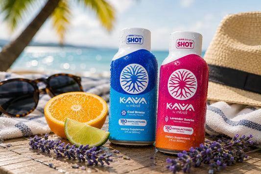 Chilled Mitra9 Kava Shots featuring Cool Breeze and Lavender Sunrise flavors with fresh citrus and lavender on a tropical beach setting, highlighting portable functional beverages for relaxation and social occasions.