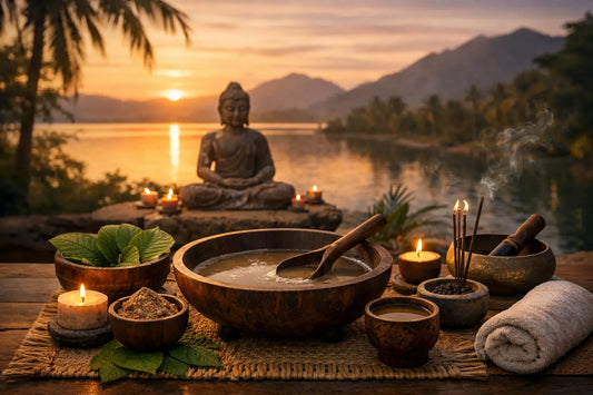 Serene outdoor meditation scene at sunset featuring a bowl of traditional kava drink with wooden ladle, fresh kava leaves, candles, incense, and a Buddha statue by a calm lake, illustrating a peaceful stress-relief ritual with kava