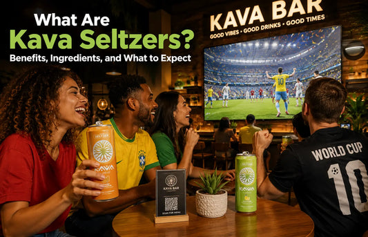 Group of friends enjoying Kava Seltzers at a lively kava bar while watching a World Cup soccer match on a large screen, showcasing the social atmosphere and functional beverage experience.