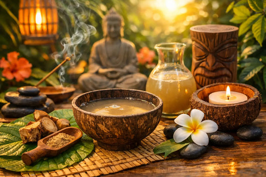 Calming kava drink ritual with traditional kava bowl, root powder, and candles, representing the first-time kava experience