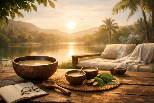 Peaceful outdoor setting at sunset with a wooden bowl of kava, small cups, and kava root on a table beside an open notebook, representing slow living habits, doing less, and a calm lifestyle shift with kava.