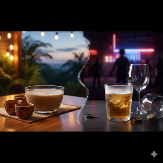Split image comparing kava drink and alcohol, showing a calm outdoor kava setting contrasted with a nightlife scene featuring beer and wine, representing clear-headed relaxation versus alcohol consumption