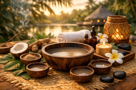 Traditional kava preparation scene at sunset featuring wooden bowls of kava beverage, fresh kava root, botanical elements, and candlelight in a tropical setting by the water, representing relaxation rituals.