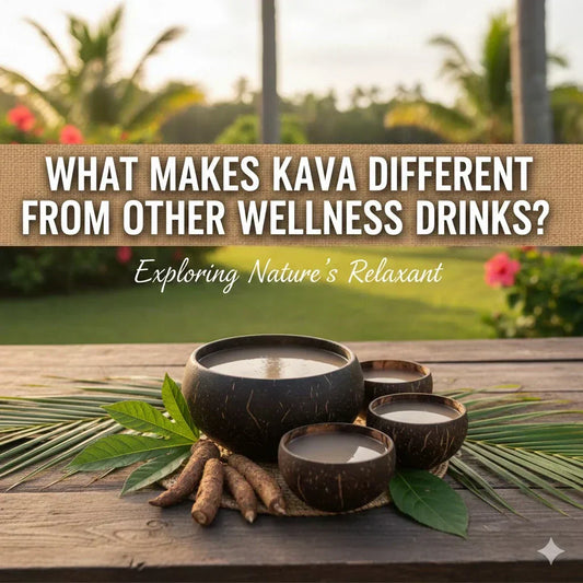 Traditional kava drink displayed in bowls with kava root, showing how kava differs from other wellness drinks as a calming, functional beverage