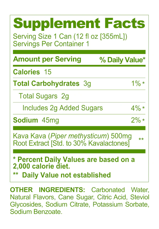 Green Supplement Facts panel for a 12 oz Mitra9 Kava Seltzer can showing calories, sugars, sodium, and 500mg standardized Kava Kava root extract