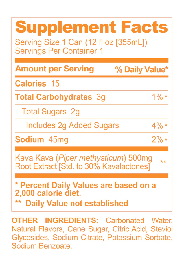 Orange Supplement Facts label for a 12 oz Kava Seltzer showing calories, sugars, sodium, and 500mg Kava extract