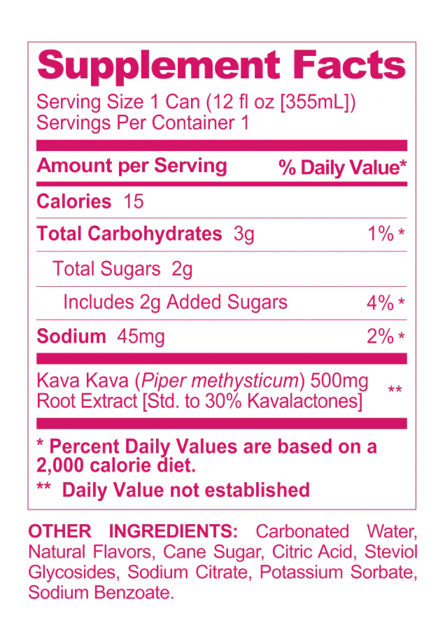 Pink Supplement Facts label for a 12-ounce Kava Seltzer can showing 15 calories, 3g carbohydrates, 2g sugars, 45mg sodium, and 500mg Kava Kava