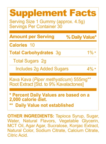 Supplement facts label for Kava Kava gummies, showing serving size, calories, total carbohydrates, sugars, and other ingredients in orange text on a white background.